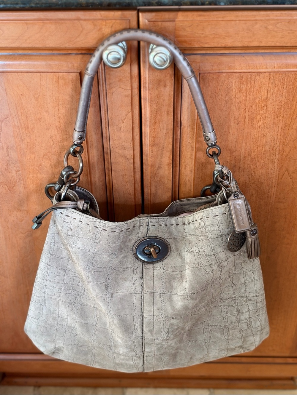 Vintage Coach Alexandra Croc-Embossed Suede Hobo Bag Taupe Gray 15638